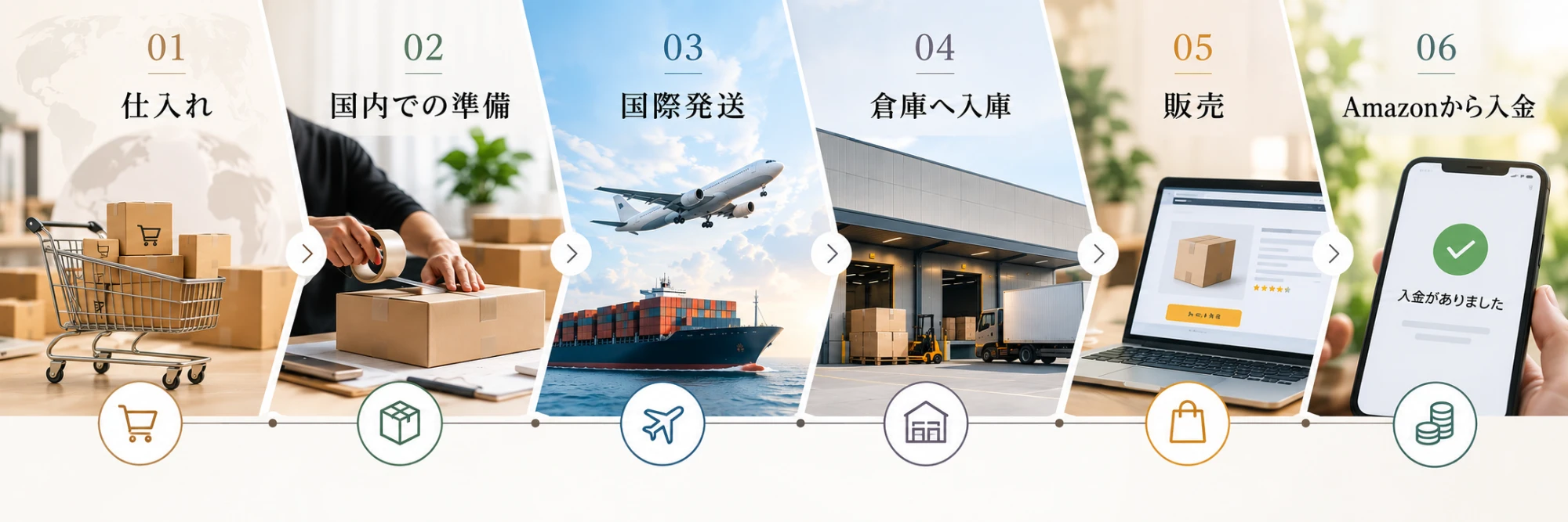 Amazon輸出のお金の流れ：01 仕入れ、02 国内での準備、03 国際発送、04 倉庫へ入庫、05 販売、06 Amazonから入金