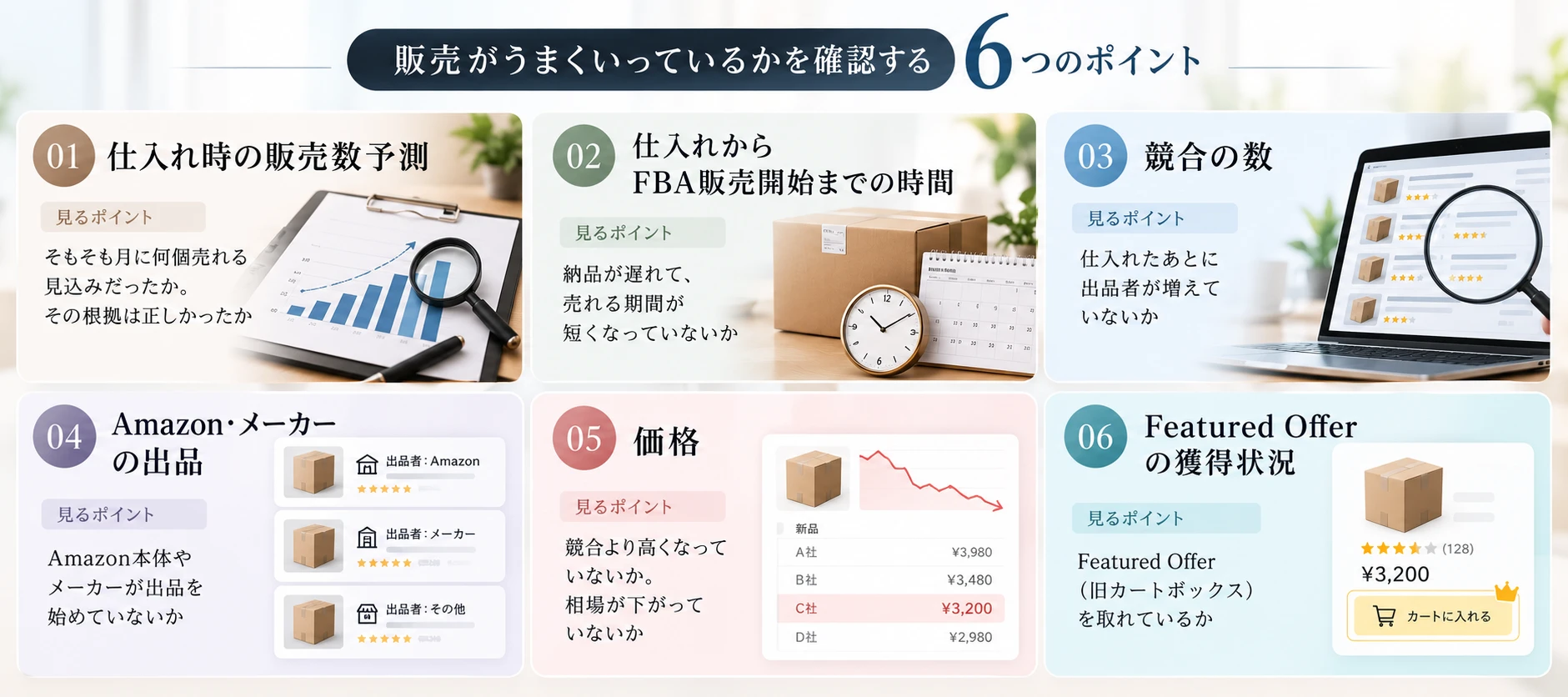 販売がうまくいっているかを確認する6つのポイント：01 仕入れ時の販売数予測（そもそも月に何個売れる見込みだったか、その根拠は正しかったか）、02 仕入れからFBA販売開始までの時間（納品が遅れて売れる期間が短くなっていないか）、03 競合の数（仕入れたあとに出品者が増えていないか）、04 Amazon・メーカーの出品（Amazon本体やメーカーが出品を始めていないか）、05 価格（競合より高くなっていないか、相場が下がっていないか）、06 Featured Offerの獲得状況（Featured Offer（旧カートボックス）を取れているか）