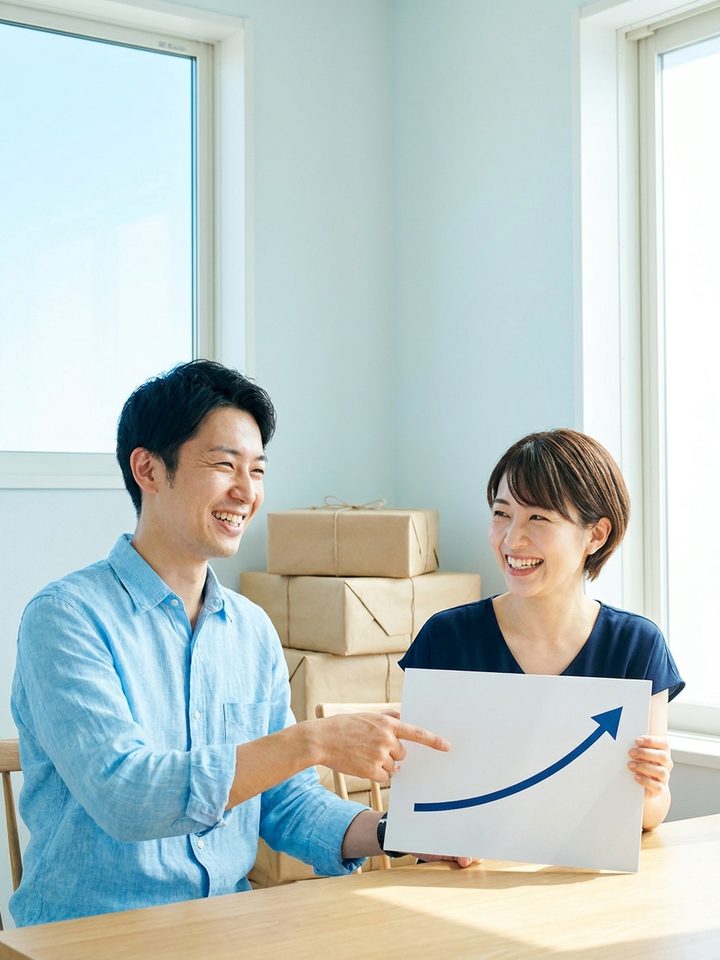 小包を背に右肩上がりの矢印を描いたボードを持つ2人