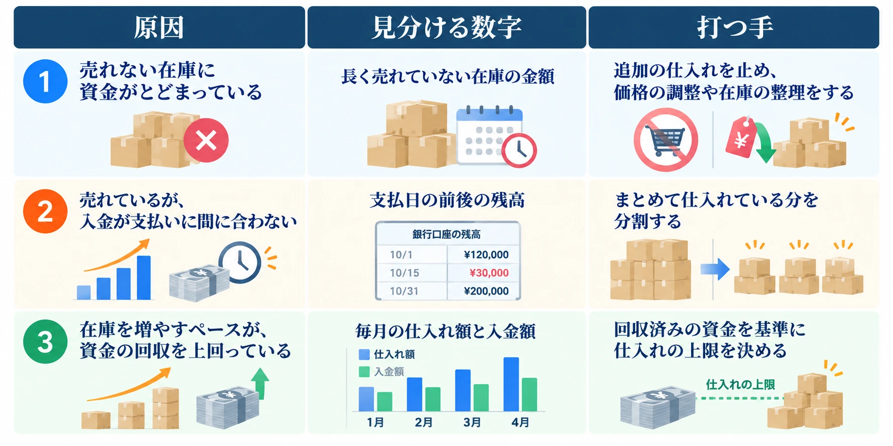資金不足の3つの原因と見分ける数字・打つ手：1 売れない在庫に資金がとどまっている（見分ける数字：長く売れていない在庫の金額／打つ手：追加の仕入れを止め、価格の調整や在庫の整理をする）、2 売れているが、入金が支払いに間に合わない（見分ける数字：支払日の前後の残高／打つ手：まとめて仕入れている分を分割する）、3 在庫を増やすペースが、資金の回収を上回っている（見分ける数字：毎月の仕入れ額と入金額／打つ手：回収済みの資金を基準に仕入れの上限を決める）