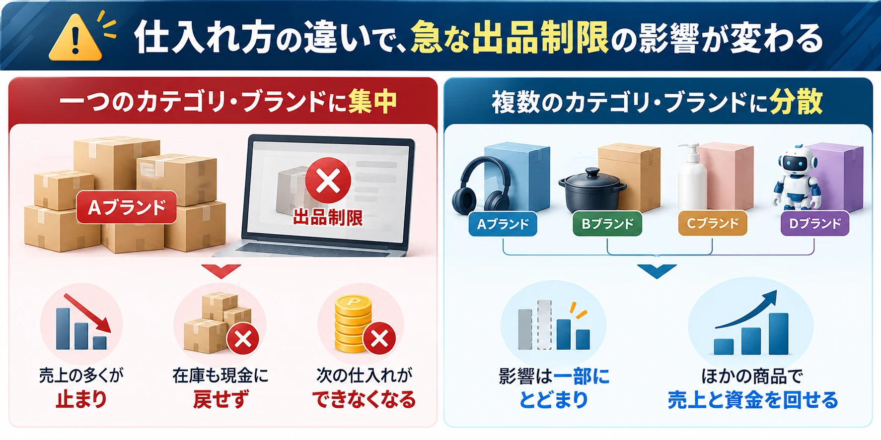 仕入れ方の違いで、急な出品制限の影響が変わる：一つのカテゴリ・ブランドに集中すると、売上の多くが止まり、在庫も現金に戻せず、次の仕入れができなくなる。複数のカテゴリ・ブランドに分散すると、影響は一部にとどまり、ほかの商品で売上と資金を回せる