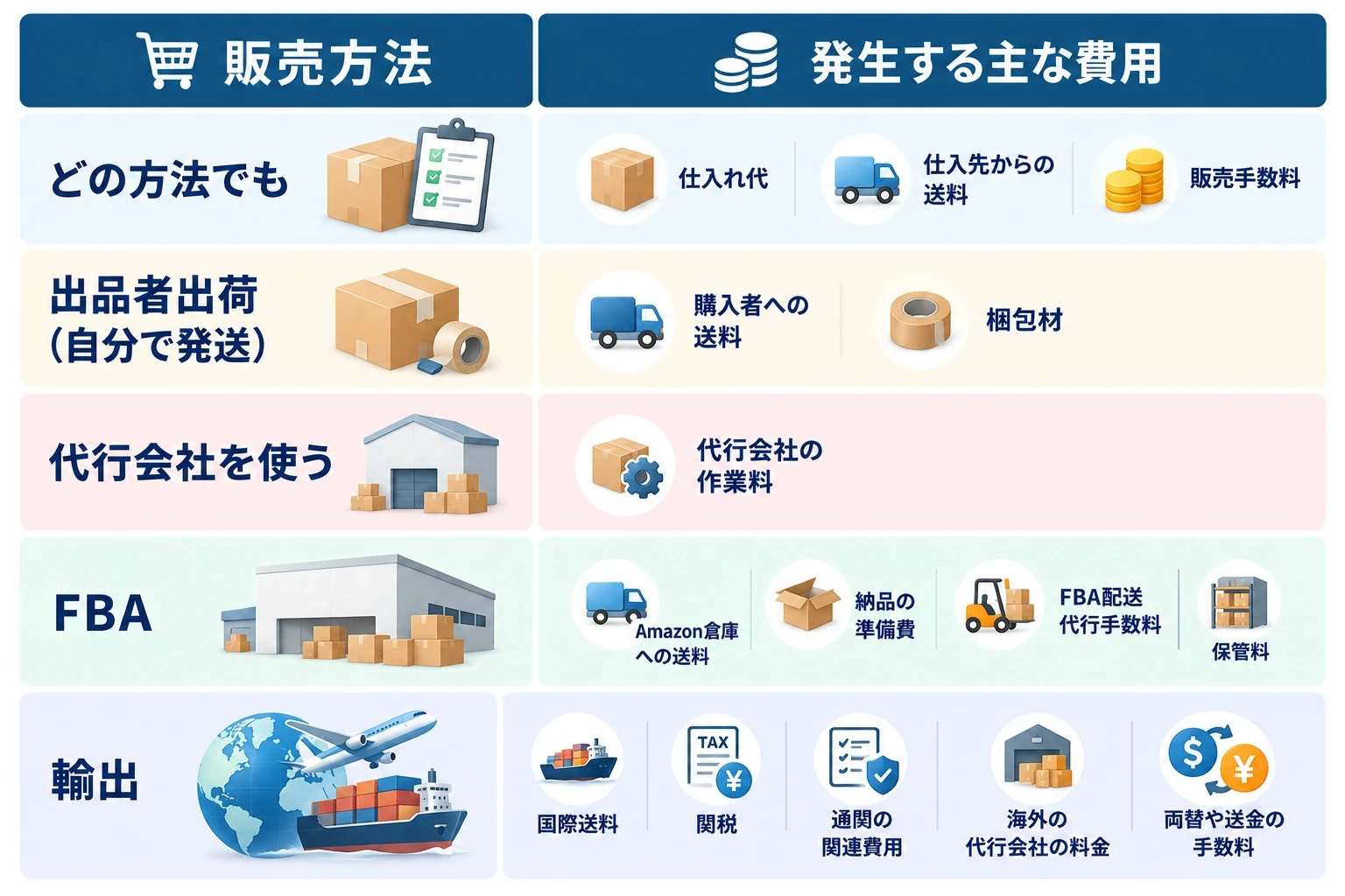販売方法ごとに発生する主な費用：どの方法でも（仕入れ代、仕入先からの送料、販売手数料）、出品者出荷・自分で発送（購入者への送料、梱包材）、代行会社を使う（代行会社の作業料）、FBA（Amazon倉庫への送料、納品の準備費、FBA配送代行手数料、保管料）、輸出（国際送料、関税、通関の関連費用、海外の代行会社の料金、両替や送金の手数料）