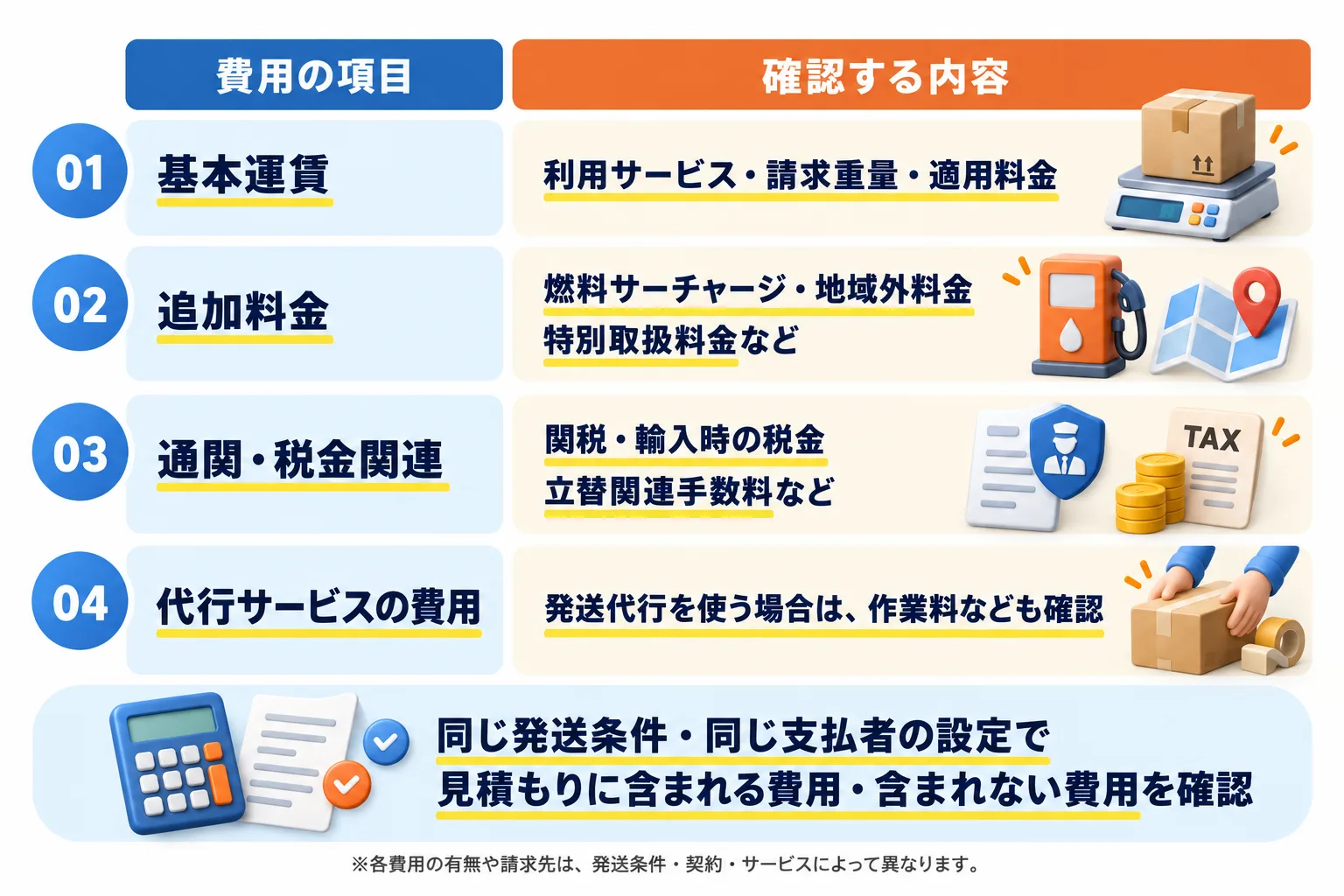 基本運賃だけでなく追加料金・通関関連・代行費用まで比較する：01 基本運賃は利用サービス・請求重量・適用料金。02 追加料金は燃料サーチャージ・地域外料金・特別取扱料金など。03 通関・税金関連は関税・輸入時の税金・立替関連手数料など。04 代行サービスの費用は、発送代行を使う場合の作業料なども確認。同じ発送条件・同じ支払者の設定で、見積もりに含まれる費用・含まれない費用を確認。各費用の有無や請求先は、発送条件・契約・サービスによって異なる
