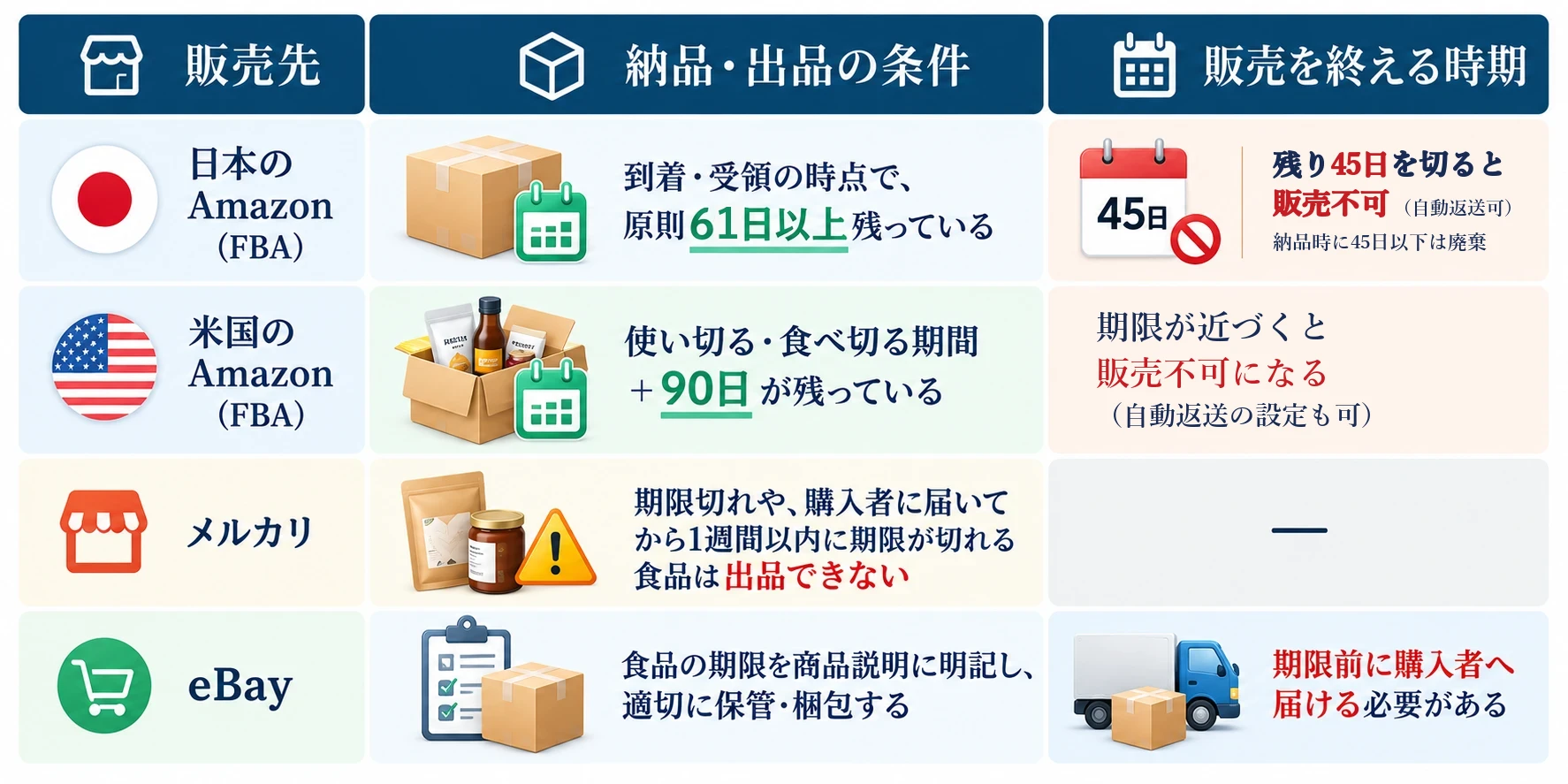 販売先ごとの期限の条件：日本のAmazon（FBA）は到着・受領の時点で原則61日以上残っている必要があり、残り45日未満で販売不可（納品時点で45日以下は廃棄）。米国のAmazon（FBA）は使い切る・食べ切る期間＋90日が残っている必要があり、期限が近づくと販売不可になる。メルカリは期限切れや、購入者に届いてから1週間以内に期限が切れる食品は出品できない。eBayは食品の期限を商品説明に明記し、適切に保管・梱包し、期限前に購入者へ届ける必要がある
