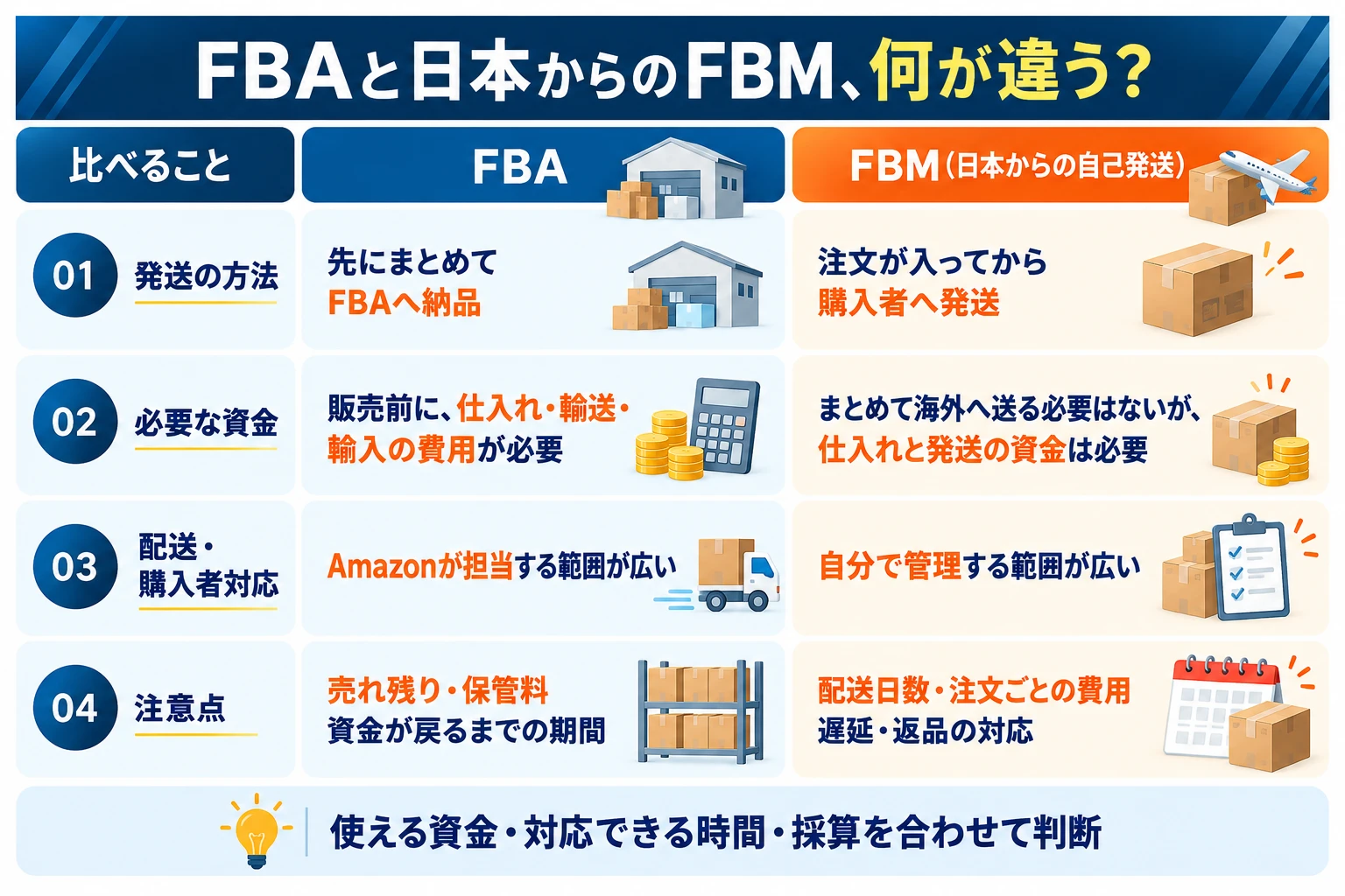 FBAと日本からのFBM、何が違う？：01 発送の方法（FBA：先にまとめてFBAへ納品／FBM：注文が入ってから購入者へ発送）、02 必要な資金（FBA：販売前に仕入れ・輸送・輸入の費用が必要／FBM：まとめて海外へ送る必要はないが、仕入れと発送の資金は必要）、03 配送・購入者対応（FBA：Amazonが担当する範囲が広い／FBM：自分で管理する範囲が広い）、04 注意点（FBA：売れ残り・保管料、資金が戻るまでの期間／FBM：配送日数・注文ごとの費用、遅延・返品の対応）。使える資金・対応できる時間・採算を合わせて判断。