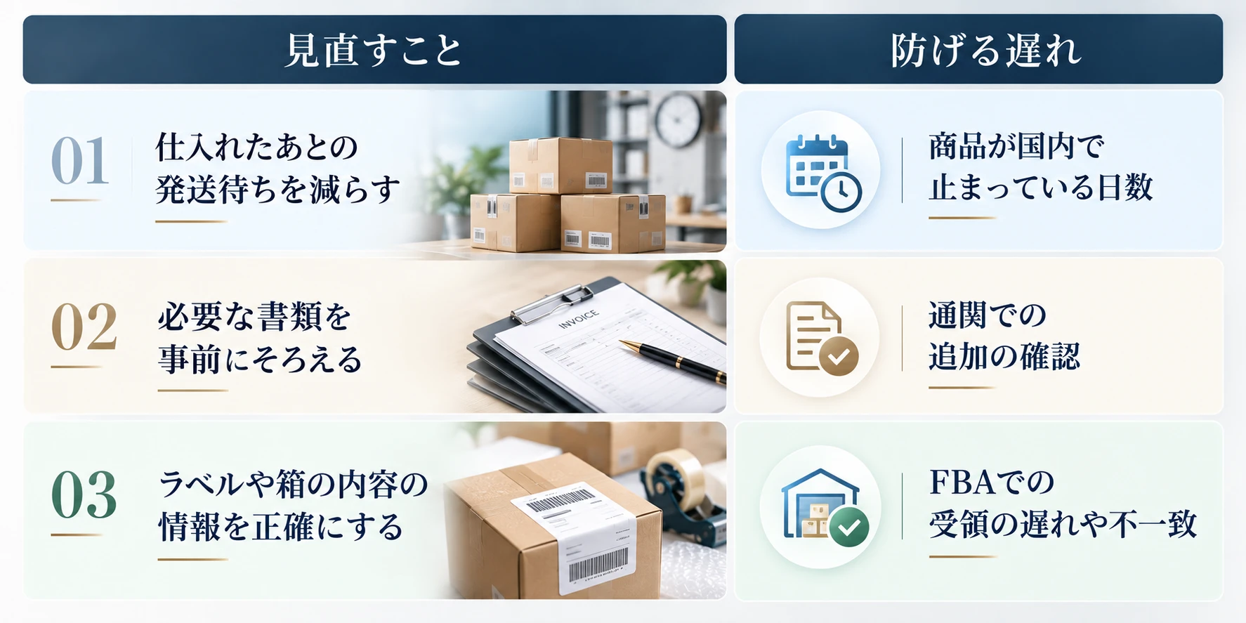 自分で短縮できる工程と、防げる遅れ：01 仕入れたあとの発送待ちを減らす（商品が国内で止まっている日数）、02 必要な書類を事前にそろえる（通関での追加の確認）、03 ラベルや箱の内容の情報を正確にする（FBAでの受領の遅れや不一致）