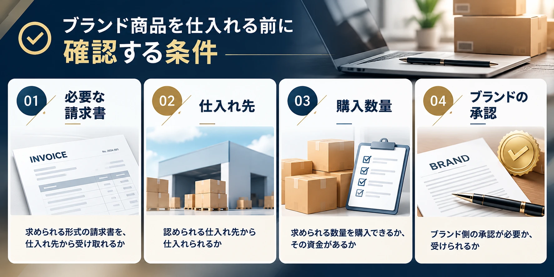 ブランド商品を仕入れる前に確認する条件：必要な請求書（求められる形式の請求書を仕入れ先から受け取れるか）、仕入れ先（認められる仕入れ先から仕入れられるか）、購入数量（求められる数量を購入できるか、その資金があるか）、ブランドの承認（ブランド側の承認が必要か、受けられるか）