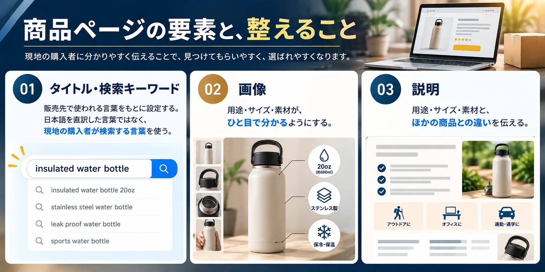商品ページの要素と整えること：タイトル・検索キーワードは販売先で使われる言葉をもとに設定し、日本語を直訳した言葉ではなく現地の購入者が検索する言葉を使う。画像は用途・サイズ・素材がひと目で分かるようにする。説明は用途・サイズ・素材と、ほかの商品との違いを伝える