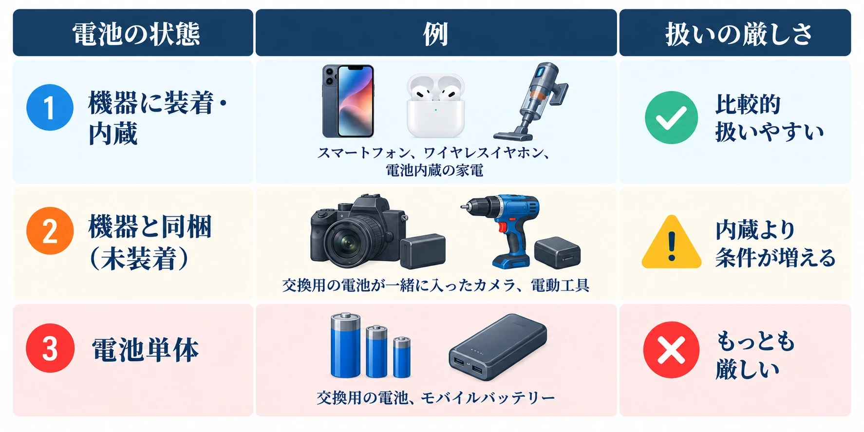 リチウム電池の状態と扱いの厳しさ：1 機器に装着・内蔵（スマートフォン、ワイヤレスイヤホン、電池内蔵の家電）は比較的扱いやすい、2 機器と同梱・未装着（交換用の電池が一緒に入ったカメラ、電動工具）は内蔵より条件が増える、3 電池単体（交換用の電池、モバイルバッテリー）はもっとも厳しい