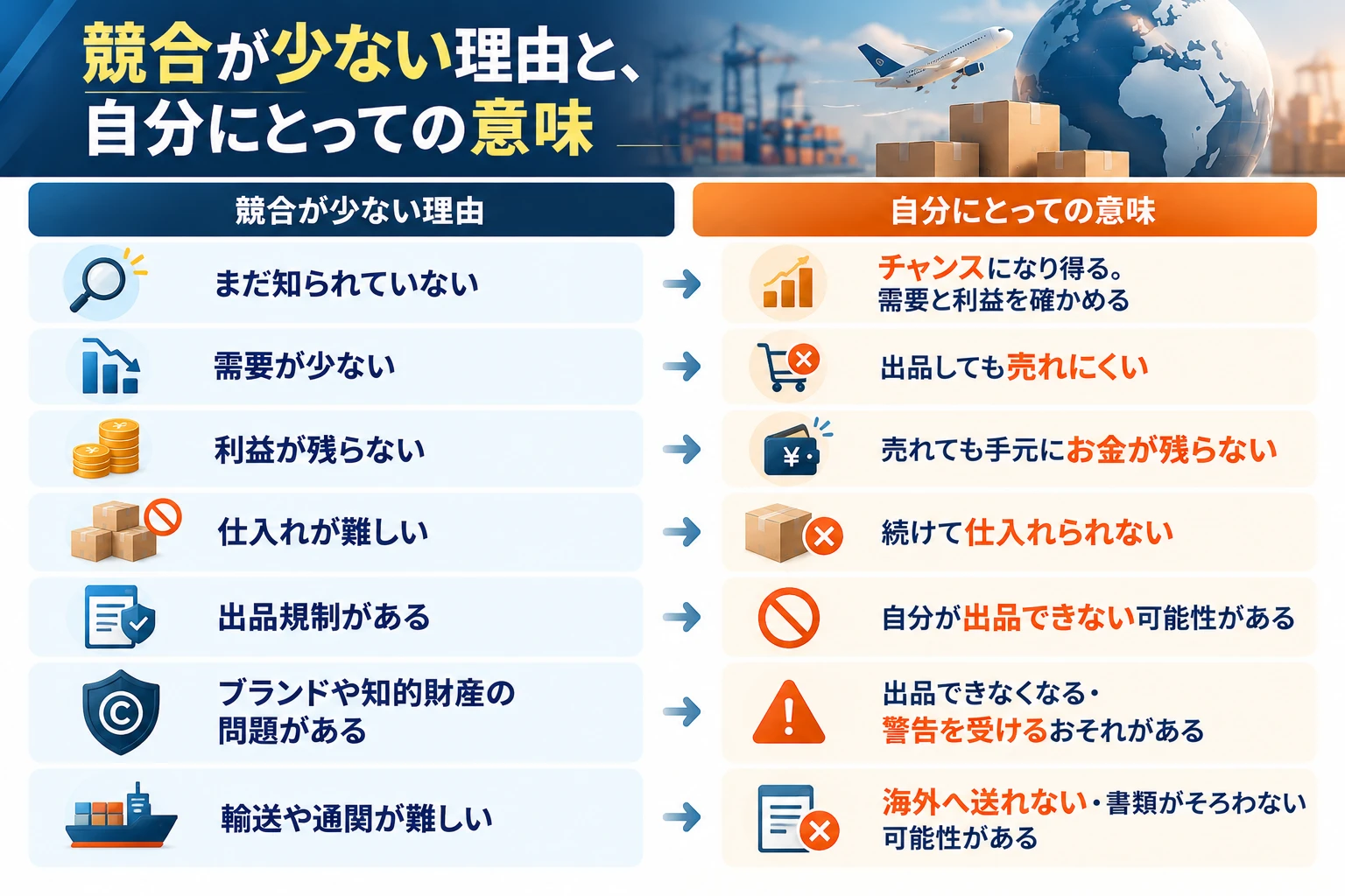 競合が少ない理由と、自分にとっての意味：まだ知られていない（チャンスになり得る。需要と利益を確かめる）、需要が少ない（出品しても売れにくい）、利益が残らない（売れても手元にお金が残らない）、仕入れが難しい（続けて仕入れられない）、出品規制がある（自分が出品できない可能性がある）、ブランドや知的財産の問題がある（出品できなくなる・警告を受けるおそれがある）、輸送や通関が難しい（海外へ送れない・書類がそろわない可能性がある）