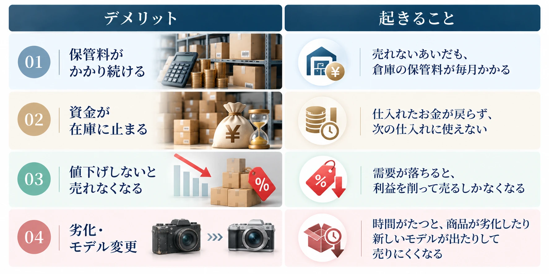 過剰在庫のデメリット：01 保管料がかかり続ける（売れないあいだも、倉庫の保管料が毎月かかる）、02 資金が在庫に止まる（仕入れたお金が戻らず、次の仕入れに使えない）、03 値下げしないと売れなくなる（需要が落ちると、利益を削って売るしかなくなる）、04 劣化・モデル変更（時間がたつと、商品が劣化したり新しいモデルが出たりして売りにくくなる）