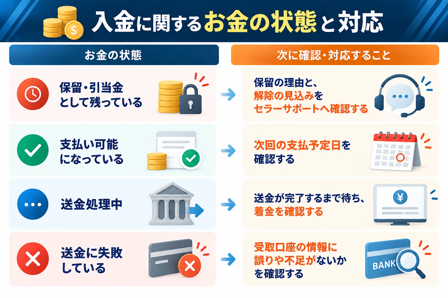 入金に関するお金の状態と対応：保留・引当金として残っている（保留の理由と解除の見込みをセラーサポートへ確認する）、支払い可能になっている（次回の支払予定日を確認する）、送金処理中（送金が完了するまで待ち、着金を確認する）、送金に失敗している（受取口座の情報に誤りや不足がないかを確認する）