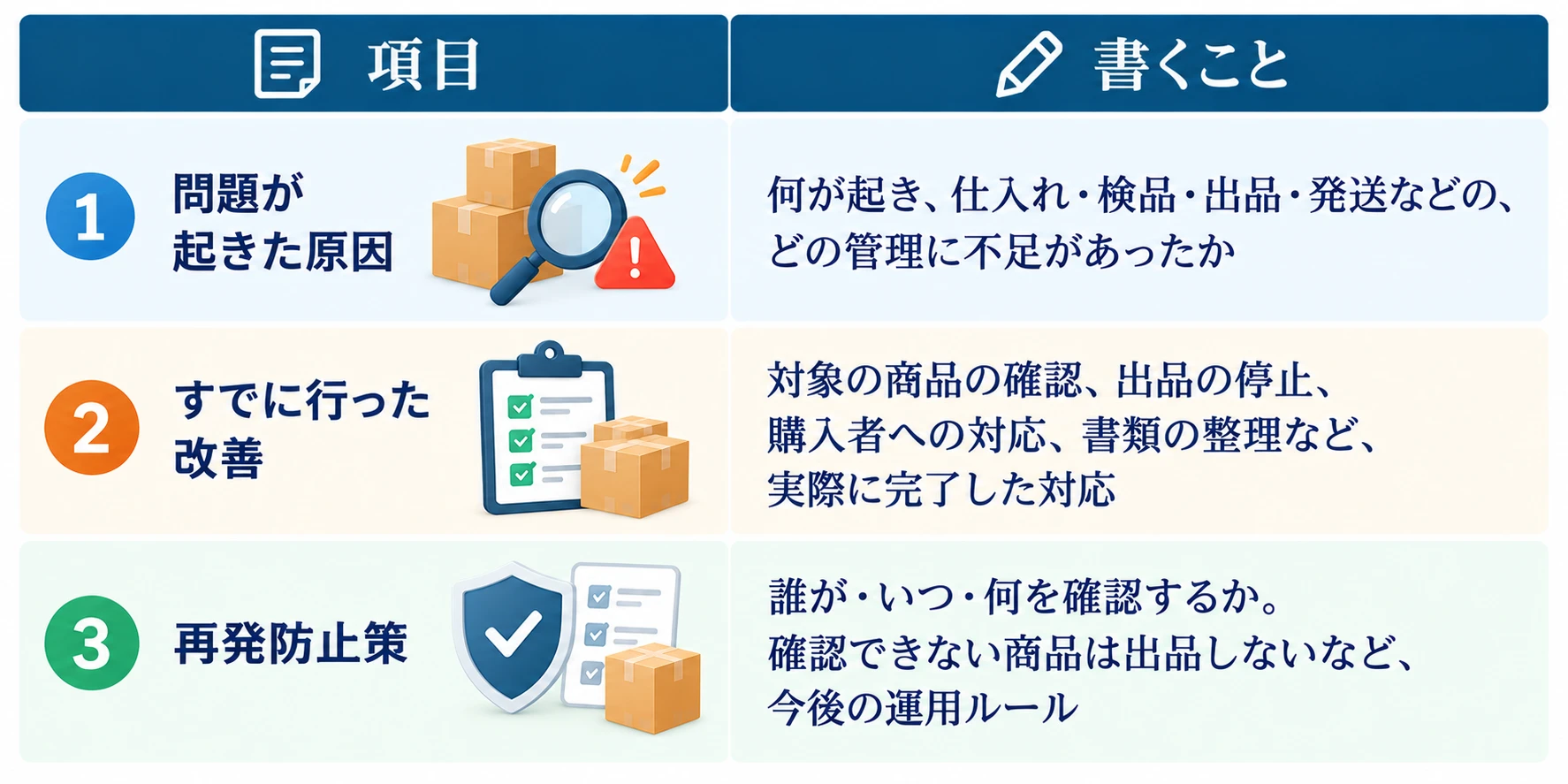 改善計画に書く3つの項目：1 問題が起きた原因（何が起き、仕入れ・検品・出品・発送などの、どの管理に不足があったか）、2 すでに行った改善（対象の商品の確認、出品の停止、購入者への対応、書類の整理など、実際に完了した対応）、3 再発防止策（誰が・いつ・何を確認するか。確認できない商品は出品しないなど、今後の運用ルール）
