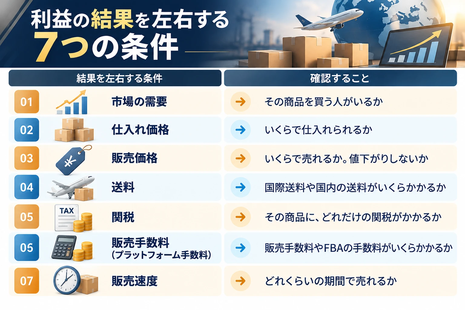 利益の結果を左右する7つの条件：市場の需要（その商品を買う人がいるか）、仕入れ価格（いくらで仕入れられるか）、販売価格（いくらで売れるか・値下がりしないか）、送料（国際送料や国内の送料がいくらかかるか）、関税（その商品にどれだけの関税がかかるか）、販売手数料（販売手数料やFBAの手数料がいくらかかるか）、販売速度（どれくらいの期間で売れるか）