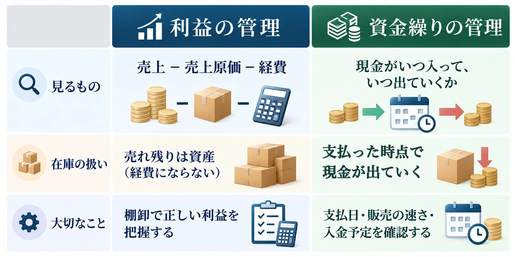 利益の管理と資金繰りの管理の違い：見るものは、利益の管理が「売上 − 売上原価 − 経費」、資金繰りの管理が「現金がいつ入って、いつ出ていくか」。在庫の扱いは、利益の管理では売れ残りは資産（経費にならない）、資金繰りの管理では支払った時点で現金が出ていく。大切なことは、利益の管理が棚卸で正しい利益を把握すること、資金繰りの管理が支払日・販売の速さ・入金予定を確認すること