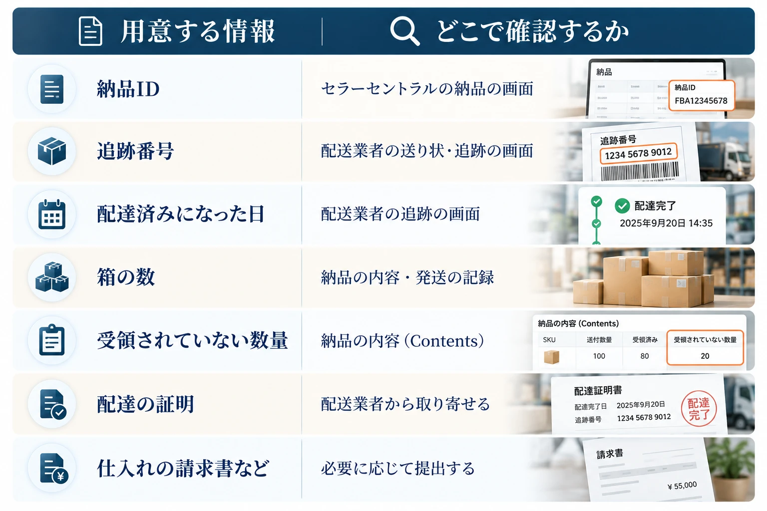 受領の調査・問い合わせの前に用意する情報と確認する場所：納品ID（セラーセントラルの納品の画面）、追跡番号（配送業者の送り状・追跡の画面）、配達済みになった日（配送業者の追跡の画面）、箱の数（納品の内容・発送の記録）、受領されていない数量（納品の内容 Contents）、配達の証明（配送業者から取り寄せる）、仕入れの請求書など（必要に応じて提出する）