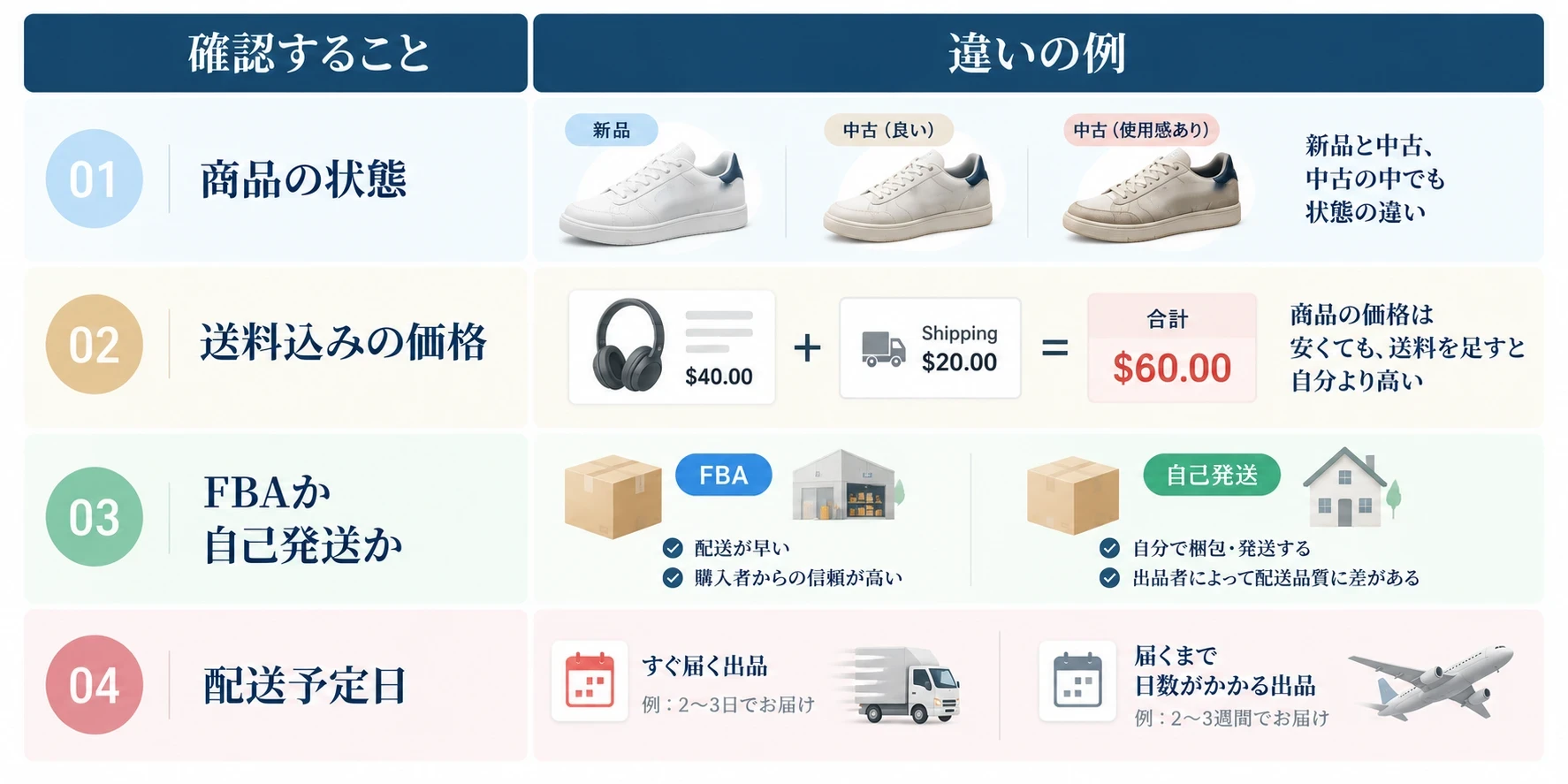 比べる相手を決めるときに確認すること：01 商品の状態（新品と中古、中古の中でも状態の違い）、02 送料込みの価格（商品の価格は安くても、送料を足すと自分より高い。例：40ドル＋送料20ドル＝60ドル）、03 FBAか自己発送か（FBAは配送が早く購入者からの信頼が高い。自己発送は自分で梱包・発送し、出品者によって配送品質に差がある）、04 配送予定日（すぐ届く出品と、届くまで日数がかかる出品。例：2〜3日でお届けと、2〜3週間でお届け）