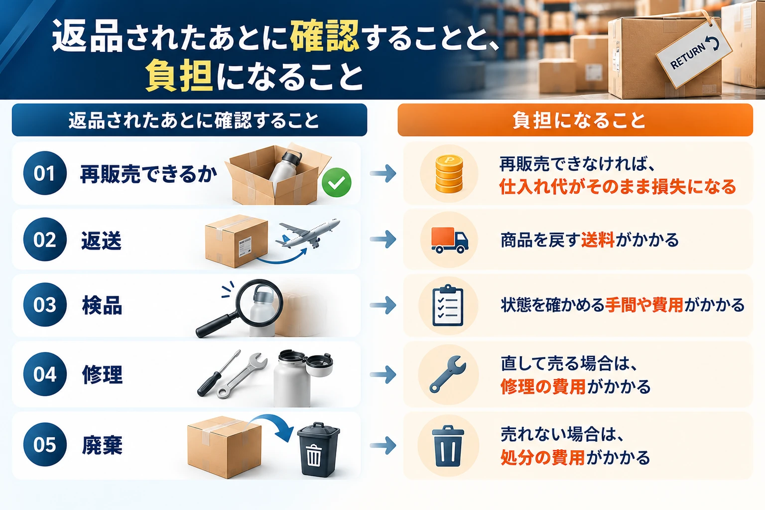 返品されたあとに確認することと、負担になること：再販売できるか（再販売できなければ仕入れ代がそのまま損失になる）、返送（商品を戻す送料がかかる）、検品（状態を確かめる手間や費用がかかる）、修理（直して売る場合は修理の費用がかかる）、廃棄（売れない場合は処分の費用がかかる）