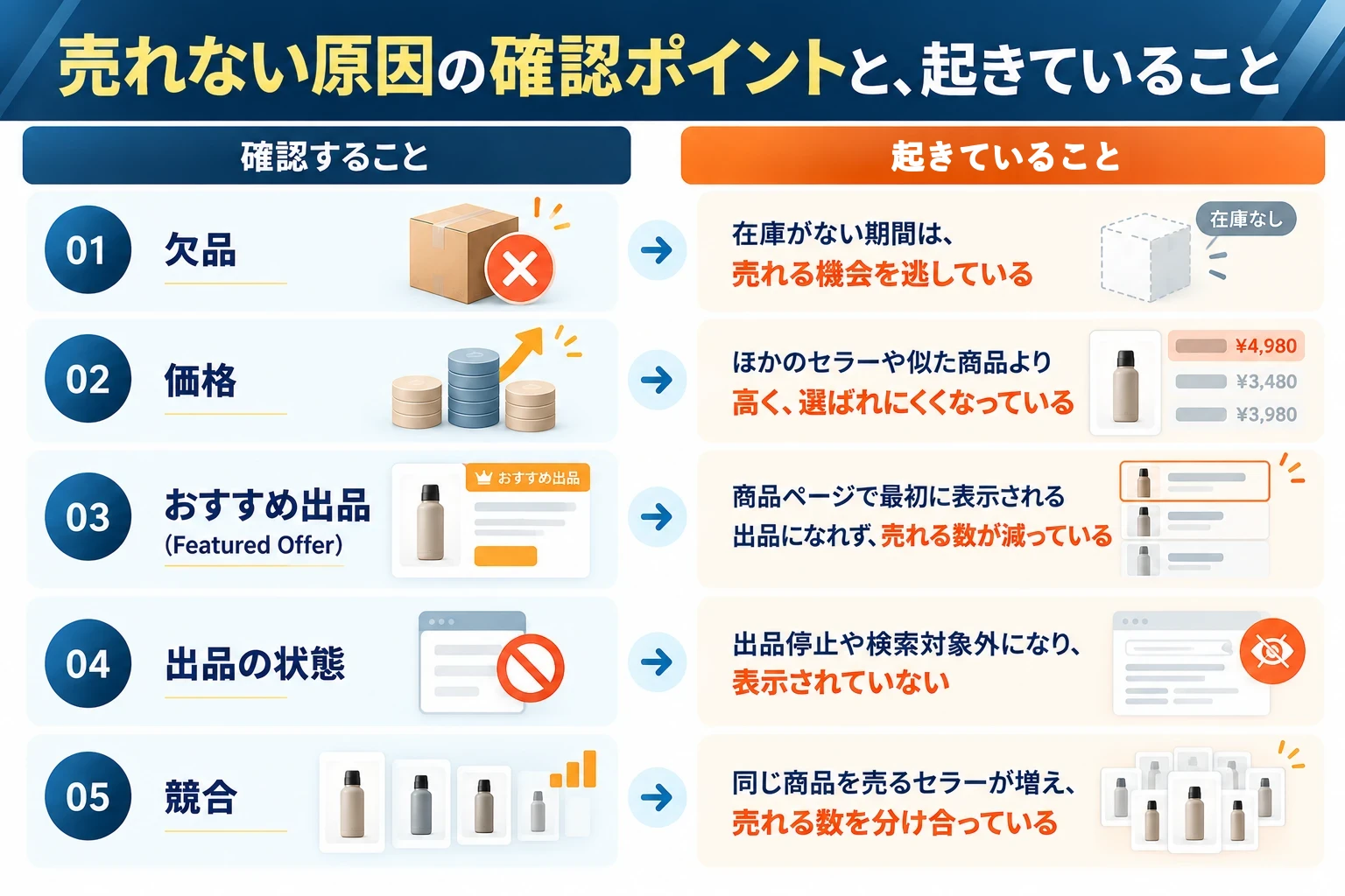 売れない原因の確認ポイントと、起きていること：欠品（在庫がない期間は売れる機会を逃している）、価格（ほかのセラーや似た商品より高く、選ばれにくくなっている）、おすすめ出品（商品ページで最初に表示される出品になれず、売れる数が減っている）、出品の状態（出品停止や検索対象外になり、表示されていない）、競合（同じ商品を売るセラーが増え、売れる数を分け合っている）