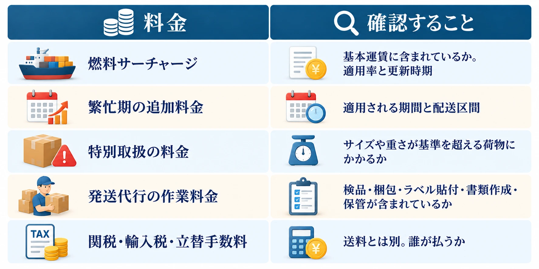 国際送料で基本運賃のほかにかかる料金と確認すること：燃料サーチャージ（基本運賃に含まれているか。適用率と更新時期）、繁忙期の追加料金（適用される期間と配送区間）、特別取扱の料金（サイズや重さが基準を超える荷物にかかるか）、発送代行の作業料金（検品・梱包・ラベル貼付・書類作成・保管が含まれているか）、関税・輸入税・立替手数料（送料とは別。誰が払うか）