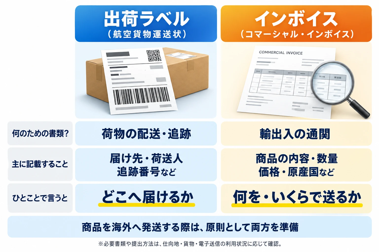 出荷ラベル（航空貨物運送状）とインボイス（コマーシャル・インボイス）の違い：出荷ラベルは荷物の配送・追跡のための書類で、届け先・荷送人・追跡番号などを書く「どこへ届けるか」。インボイスは輸出入の通関のための書類で、商品の内容・数量・価格・原産国などを書く「何を・いくらで送るか」。商品を海外へ発送する際は原則として両方を準備