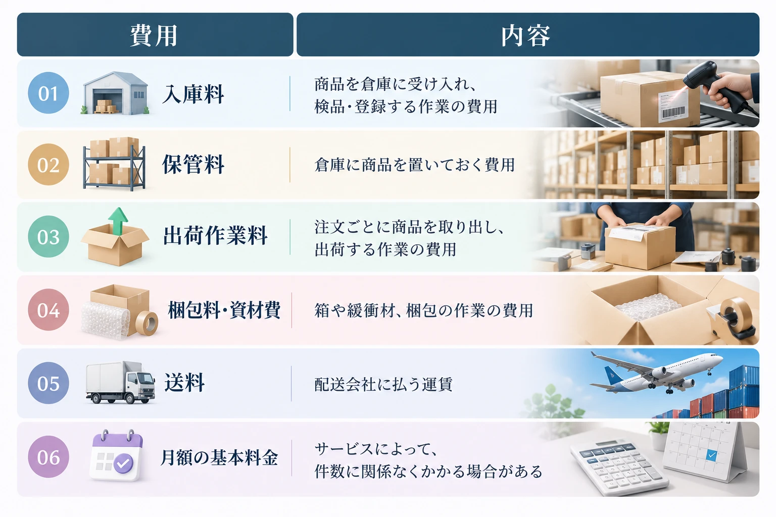 発送代行にかかる費用：01 入庫料（商品を倉庫に受け入れ、検品・登録する作業の費用）、02 保管料（倉庫に商品を置いておく費用）、03 出荷作業料（注文ごとに商品を取り出し、出荷する作業の費用）、04 梱包料・資材費（箱や緩衝材、梱包の作業の費用）、05 送料（配送会社に払う運賃）、06 月額の基本料金（サービスによって、件数に関係なくかかる場合がある）