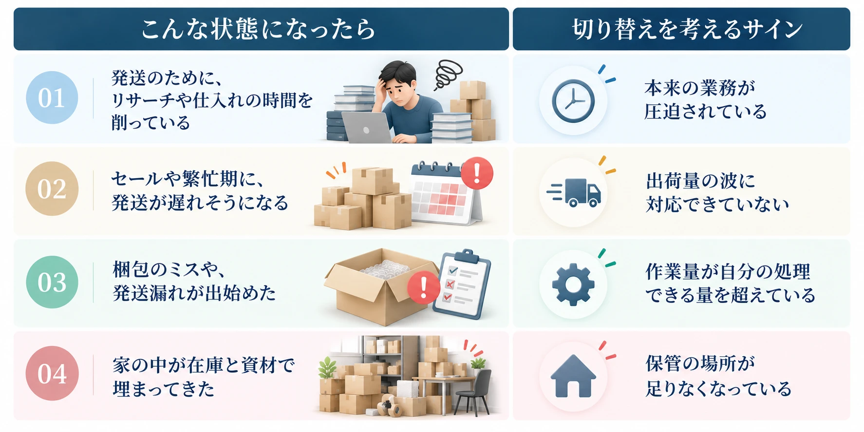 発送代行への切り替えを考えるサイン：01 発送のために、リサーチや仕入れの時間を削っている（本来の業務が圧迫されている）、02 セールや繁忙期に、発送が遅れそうになる（出荷量の波に対応できていない）、03 梱包のミスや、発送漏れが出始めた（作業量が自分の処理できる量を超えている）、04 家の中が在庫と資材で埋まってきた（保管の場所が足りなくなっている）