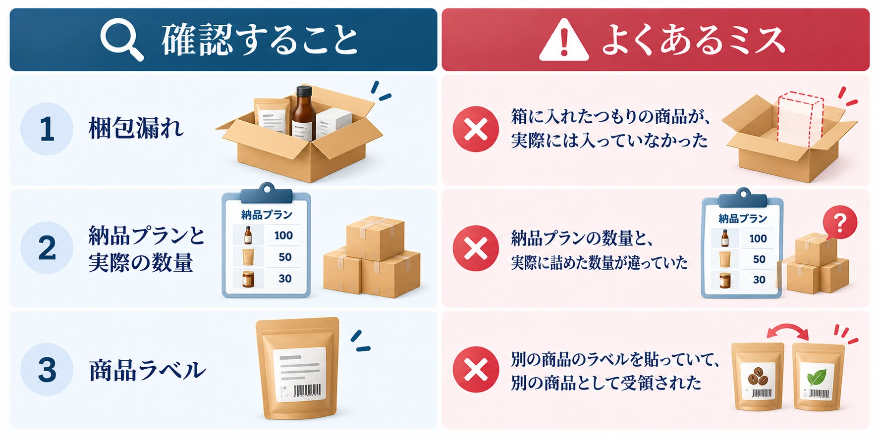 発送側の記録で確認することと、よくあるミス：1 梱包漏れ（箱に入れたつもりの商品が、実際には入っていなかった）、2 納品プランと実際の数量（納品プランの数量と、実際に詰めた数量が違っていた）、3 商品ラベル（別の商品のラベルを貼っていて、別の商品として受領された）