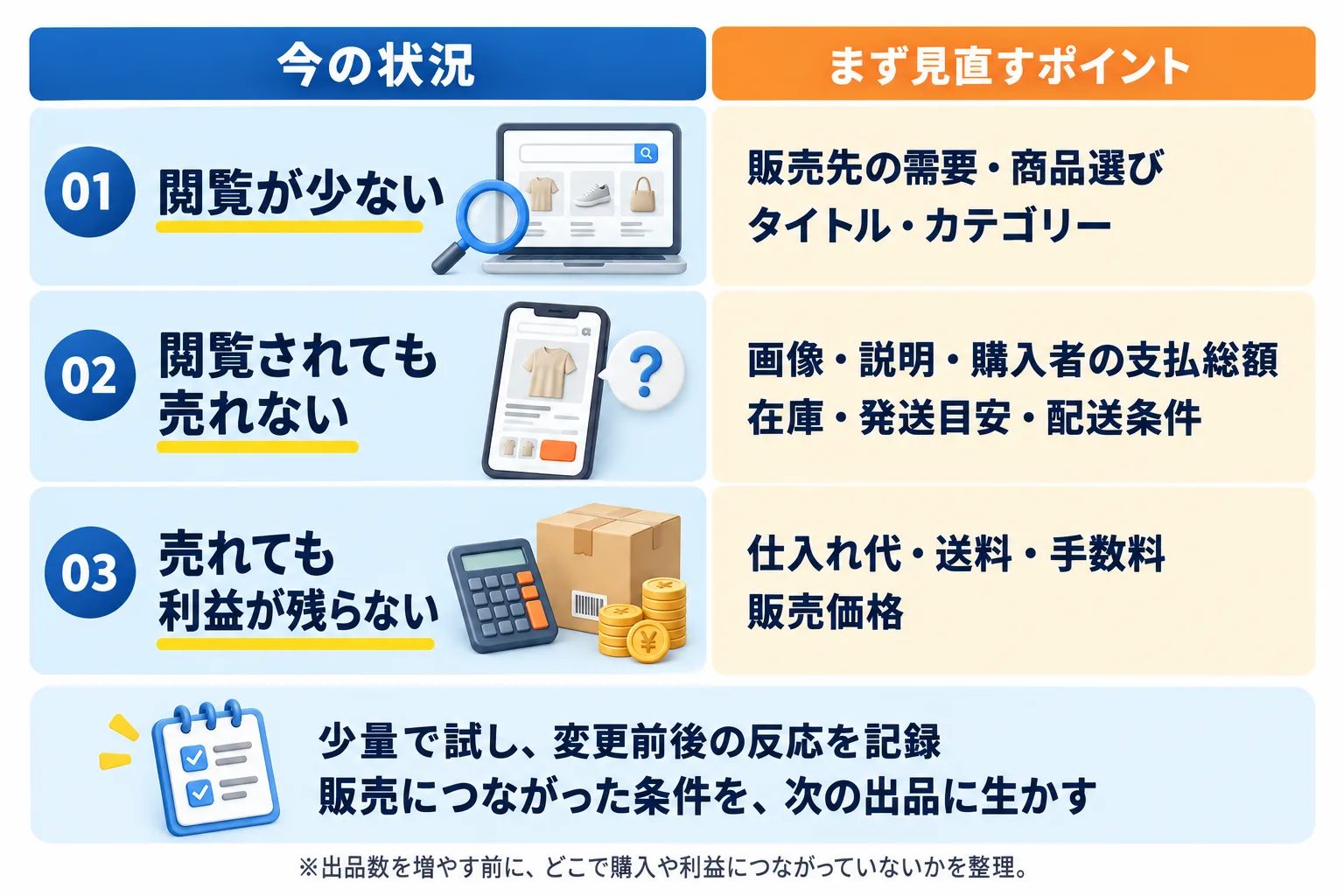 Shopee販売改善の見直し表：01 閲覧が少ないなら、販売先の需要・商品選び、タイトル・カテゴリーを見直す。02 閲覧されても売れないなら、画像・説明・購入者の支払総額、在庫・発送目安・配送条件を見直す。03 売れても利益が残らないなら、仕入れ代・送料・手数料、販売価格を見直す。少量で試し、変更前後の反応を記録し、販売につながった条件を次の出品に生かす。出品数を増やす前に、どこで購入や利益につながっていないかを整理