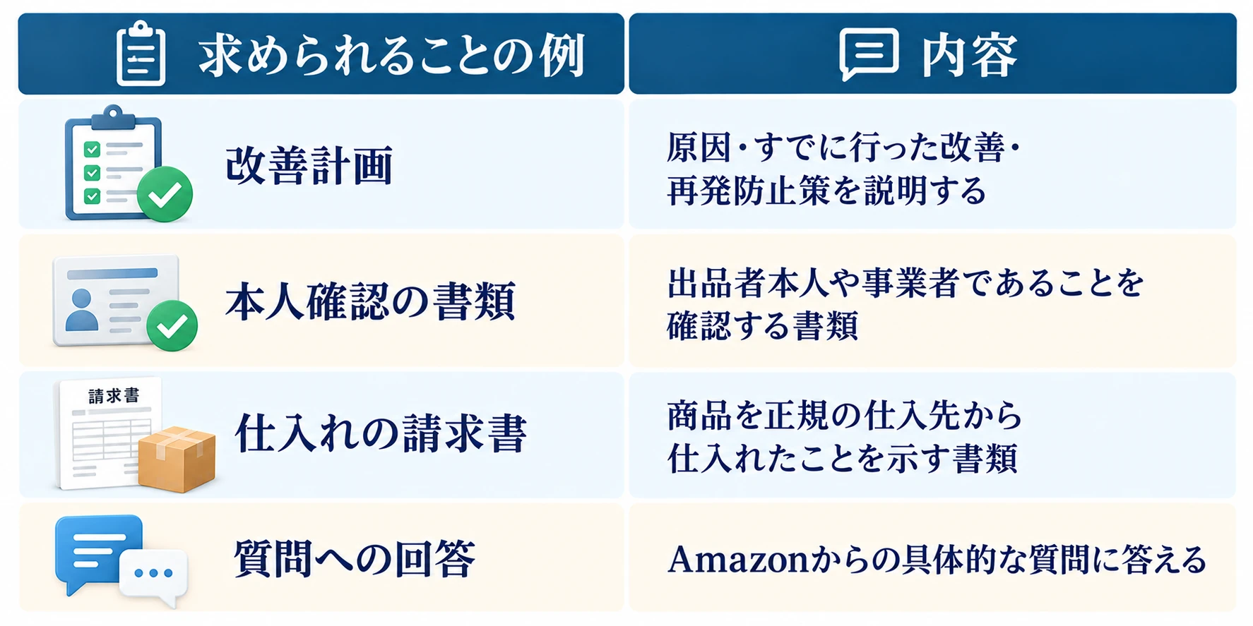 アカウント停止の再開で求められることの例：改善計画（原因・すでに行った改善・再発防止策を説明する）、本人確認の書類（出品者本人や事業者であることを確認する書類）、仕入れの請求書（商品を正規の仕入先から仕入れたことを示す書類）、質問への回答（Amazonからの具体的な質問に答える）