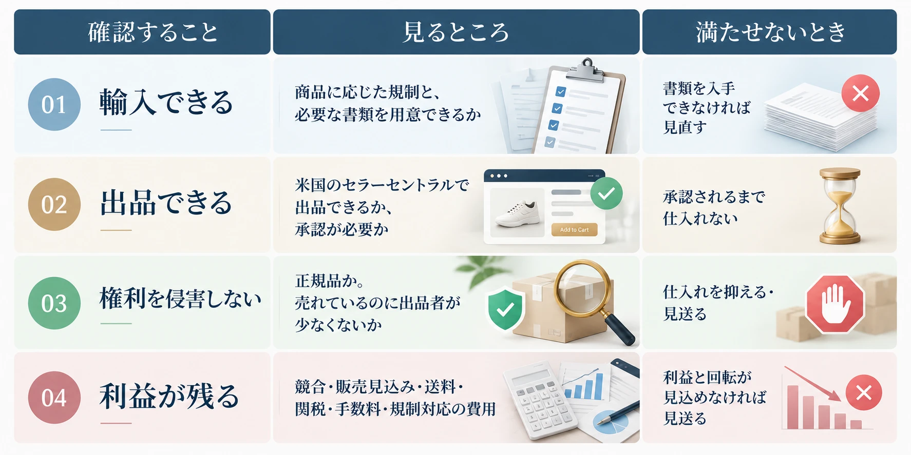 仕入れる前に確認する4つのこと：01 輸入できる（商品に応じた規制と、必要な書類を用意できるか／書類を入手できなければ見直す）、02 出品できる（米国のセラーセントラルで出品できるか、承認が必要か／承認されるまで仕入れない）、03 権利を侵害しない（正規品か。売れているのに出品者が少なくないか／仕入れを抑える・見送る）、04 利益が残る（競合・販売見込み・送料・関税・手数料・規制対応の費用／利益と回転が見込めなければ見送る）